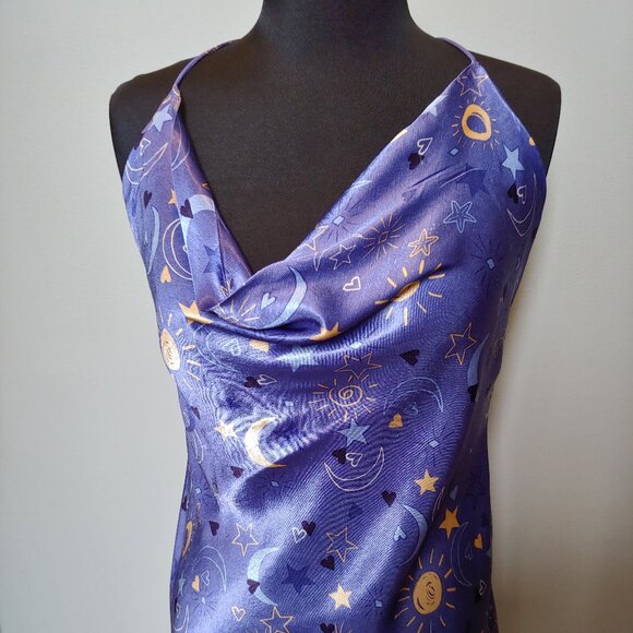 Zara Whimsigoth Blue/purple Cowlneck Mini Dress Celestial Sun Stars Moon Hearts - Picture 2 of 4